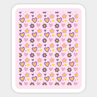 Retro Flowers and Hearts Pattern Pink, Purple Sticker